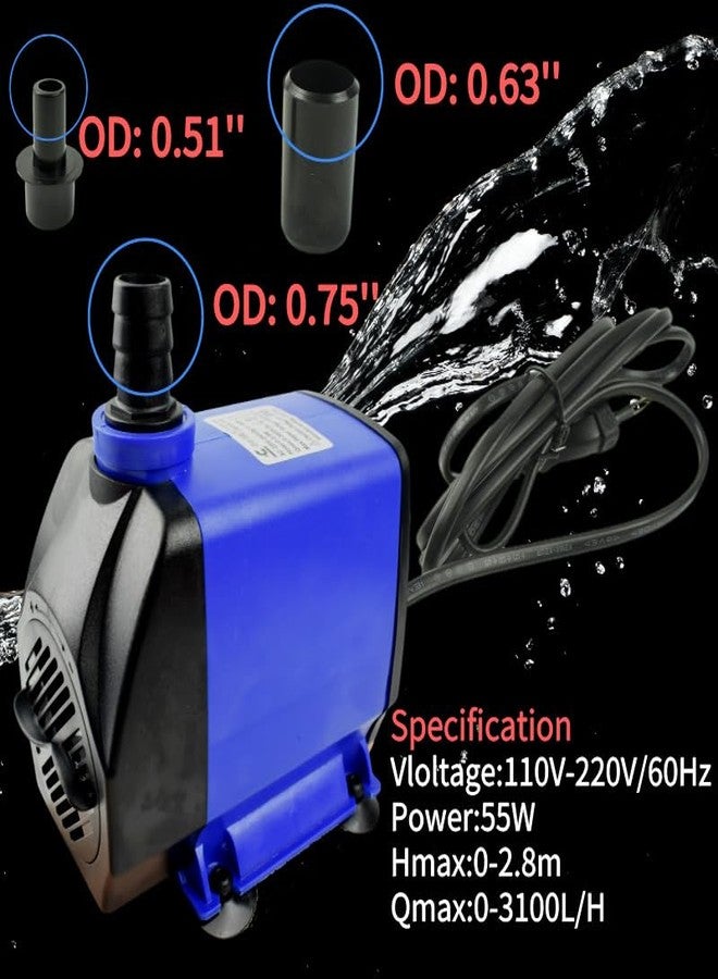 Conquerall CHA-2800 800GPH 3100L/H AC 110V Submersible Pump 55W Adjustable High-Flow Water Pump for Aquariums, Hydroponic Systems, Waterfalls, Ponds, Soilless Plants and Pet Fountains - Image 3